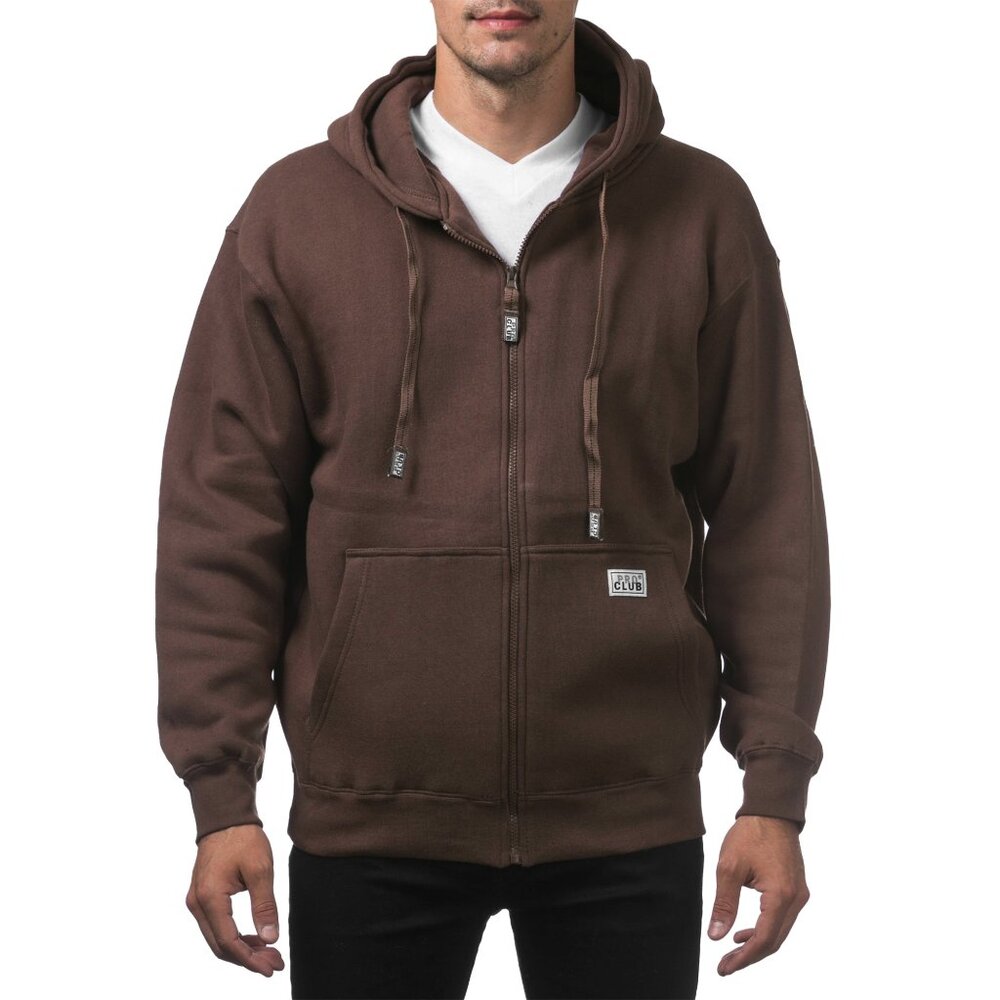 Pro Club Men's Heavyweight Full Zip Fleece Hoodie, Brown - NEW